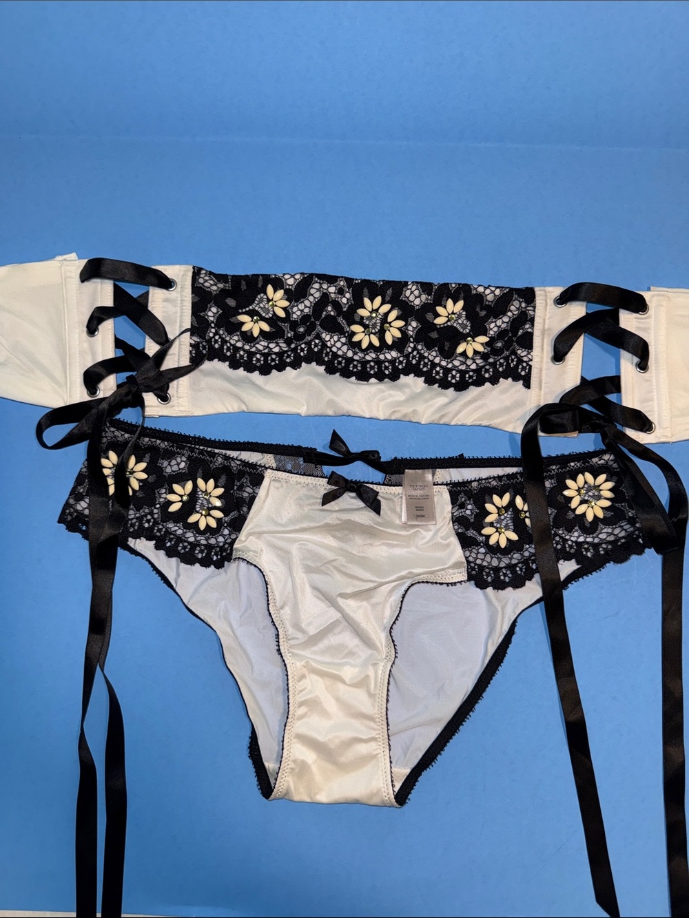 Vintage- Victoria's Secret Ivory Satin Bikini Panty & Garter w/Black Floral Lace